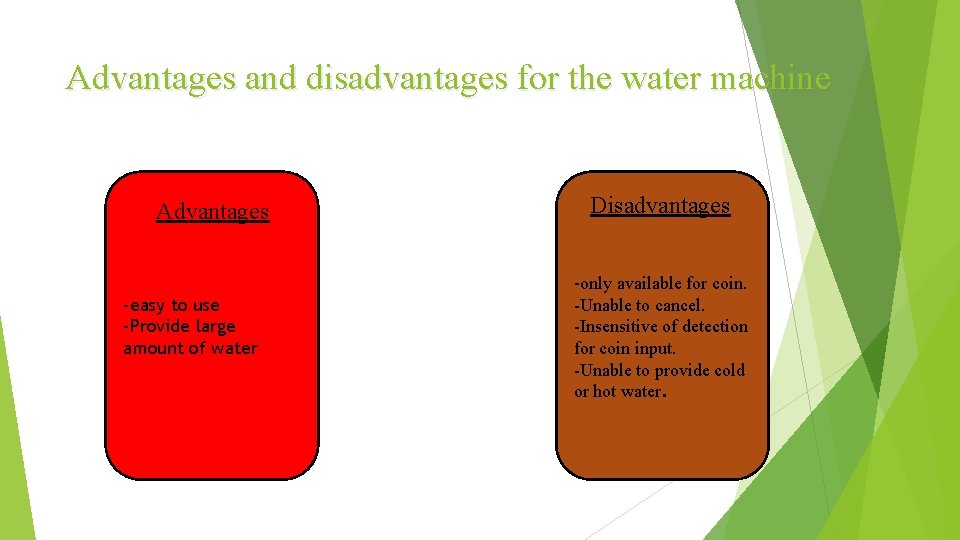 Advantages and disadvantages for the water machine Advantages -easy to use -Provide large amount