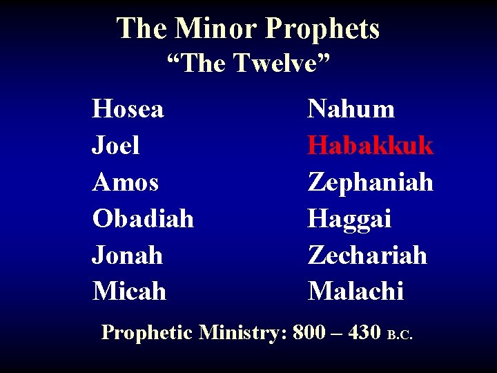 The Minor Prophets “The Twelve” Hosea Joel Amos Obadiah Jonah Micah Nahum Habakkuk Zephaniah