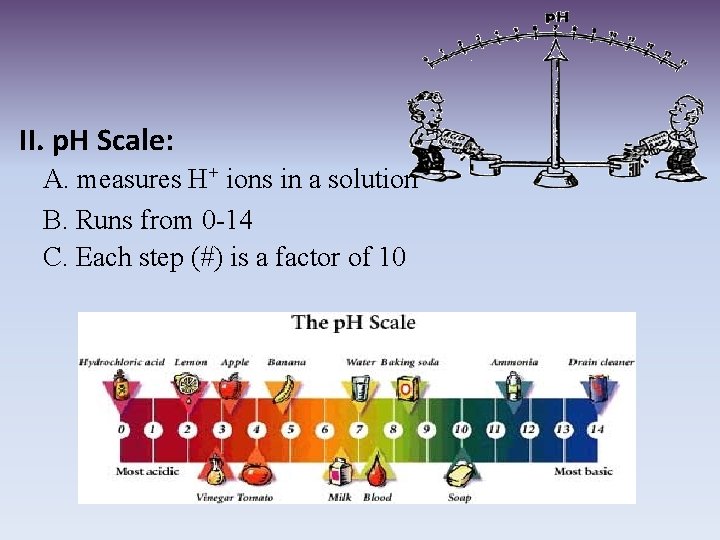 II. p. H Scale: A. measures H+ ions in a solution B. Runs from