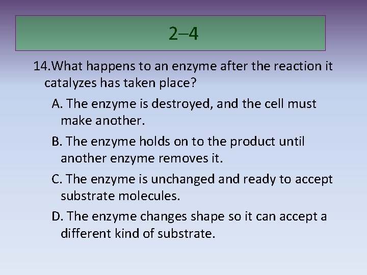 2– 4 14. What happens to an enzyme after the reaction it catalyzes has