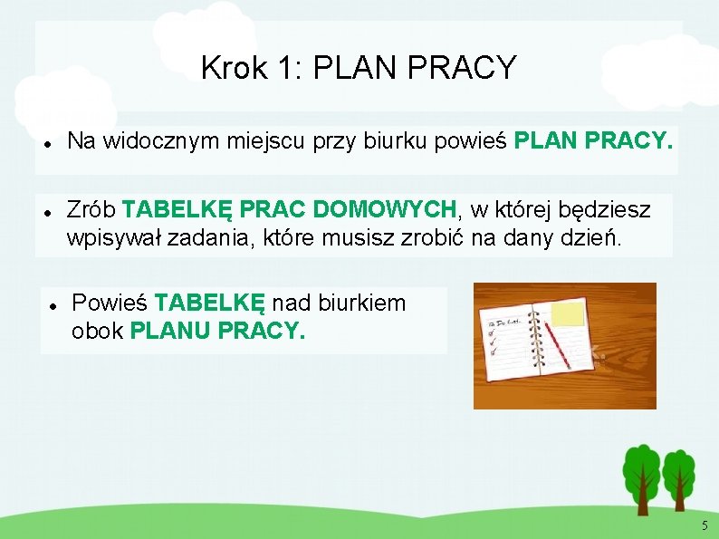 Krok 1: PLAN PRACY Na widocznym miejscu przy biurku powieś PLAN PRACY. Zrób TABELKĘ