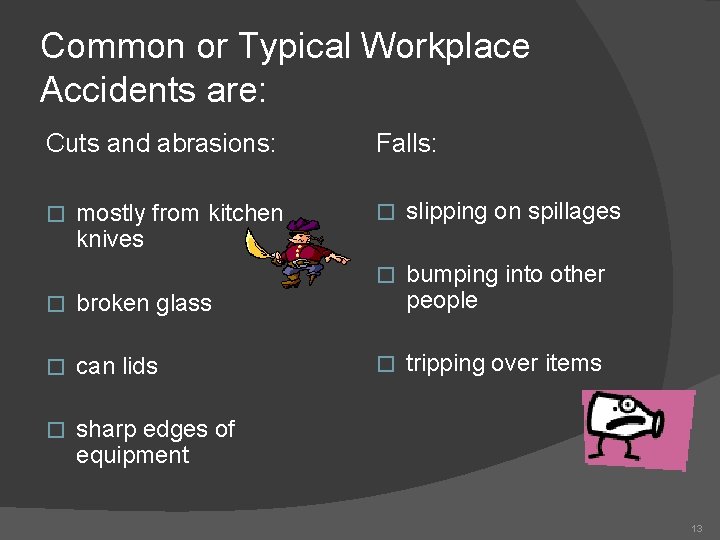 Common or Typical Workplace Accidents are: Cuts and abrasions: � mostly from kitchen knives