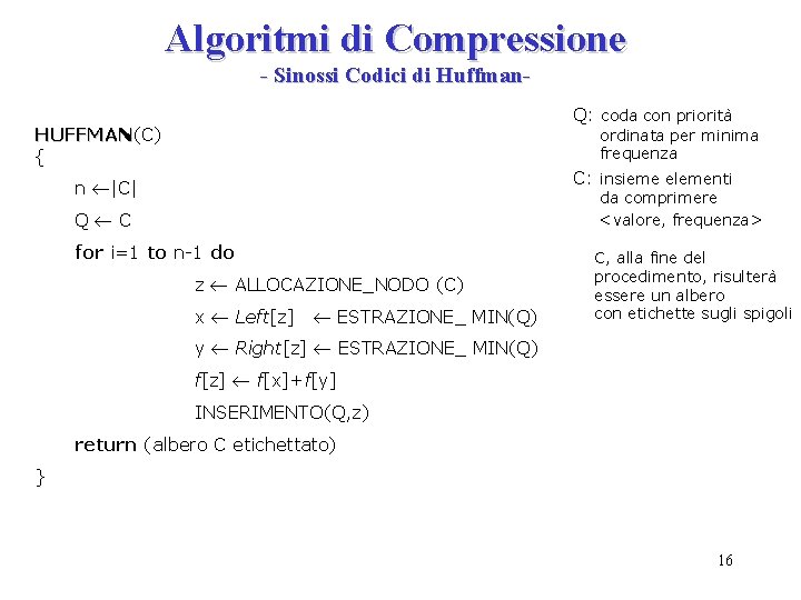 Algoritmi di Compressione - Sinossi Codici di Huffman. Q: coda con priorità HUFFMAN(C) HUFFMAN