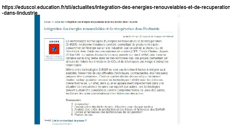 https: //eduscol. education. fr/sti/actualites/integration-des-energies-renouvelables-et-de-recuperation -dans-lindustrie 