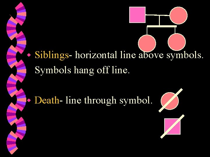 w Siblings- horizontal line above symbols. Symbols hang off line. w Death- line through w Siblings- horizontal line above symbols. Symbols hang off line. w Death- line through
