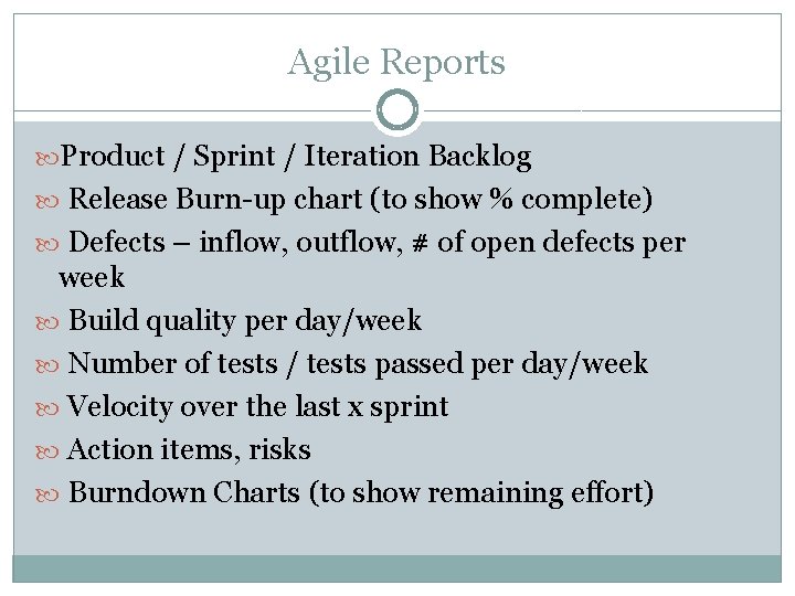 Agile Reports Product / Sprint / Iteration Backlog Release Burn-up chart (to show %