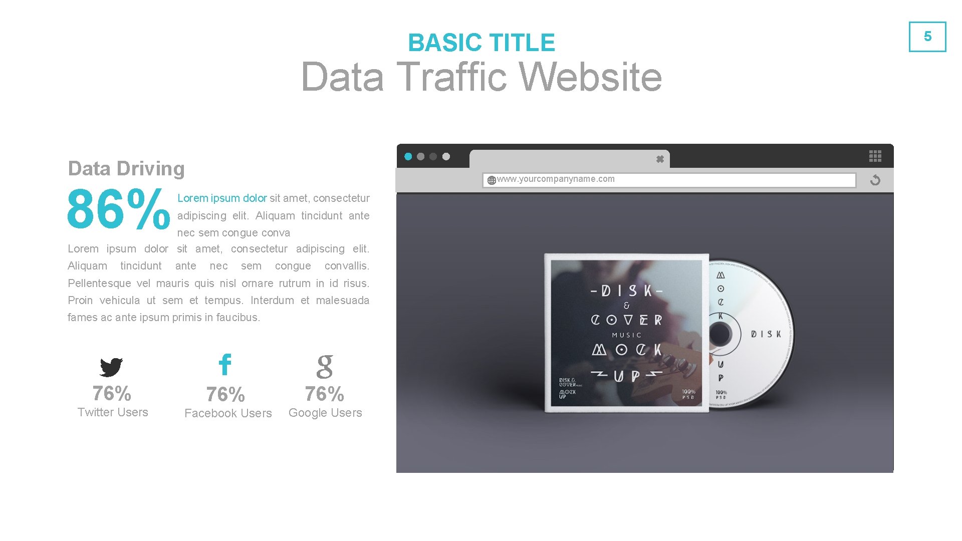 BASIC TITLE Data Traffic Website Data Driving 86% www. yourcompanyname. com Lorem ipsum dolor