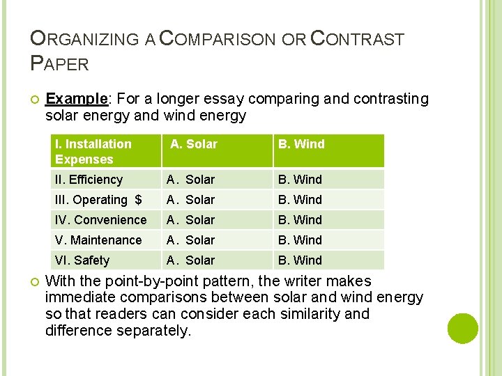 ORGANIZING A COMPARISON OR CONTRAST PAPER Example: For a longer essay comparing and contrasting