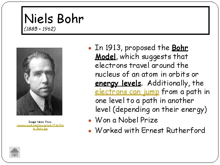 Niels Bohr (1885 – 1962) In 1913, proposed the Bohr Image taken from: commons.