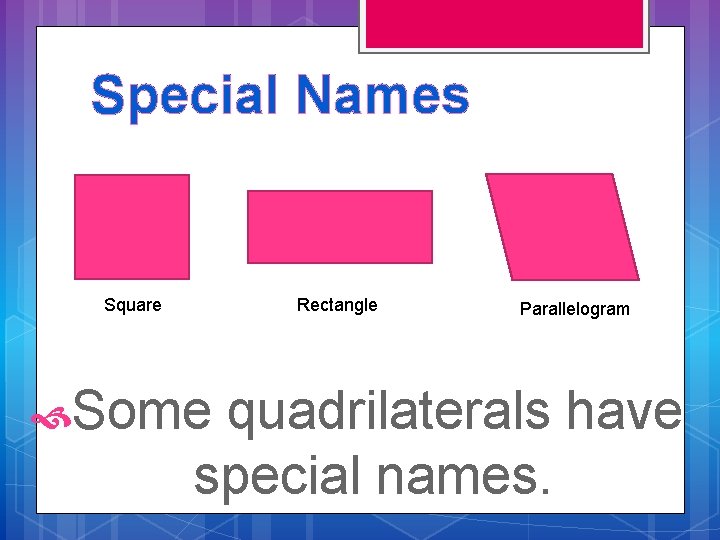 Special Names Square Rectangle Some Parallelogram quadrilaterals have special names. 