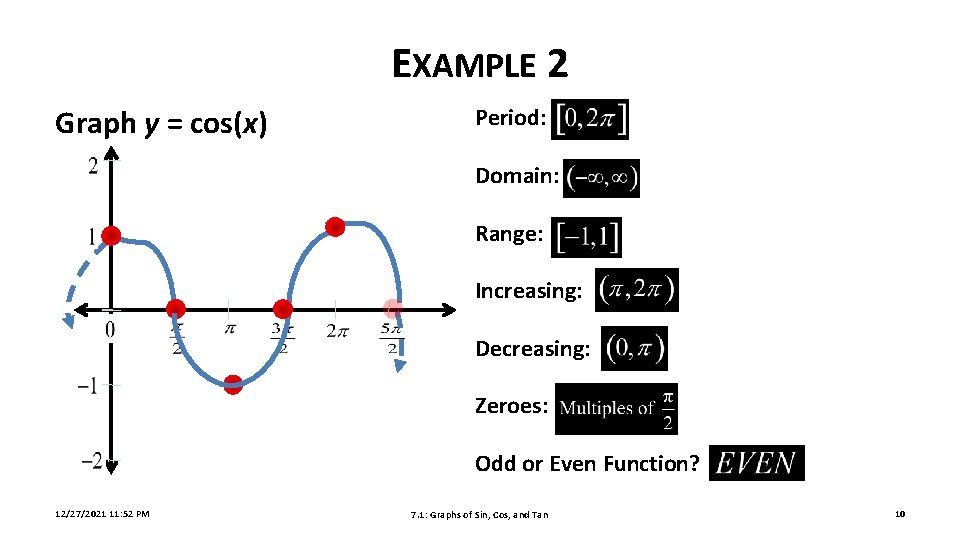 EXAMPLE 2 Graph y = cos(x) Period: Domain: Range: Increasing: Decreasing: Zeroes: Odd or