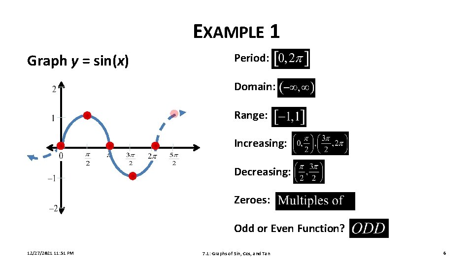 EXAMPLE 1 Graph y = sin(x) Period: Domain: Range: Increasing: Decreasing: Zeroes: Odd or