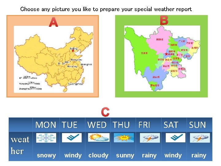 Choose any picture you like to prepare your special weather report B A C