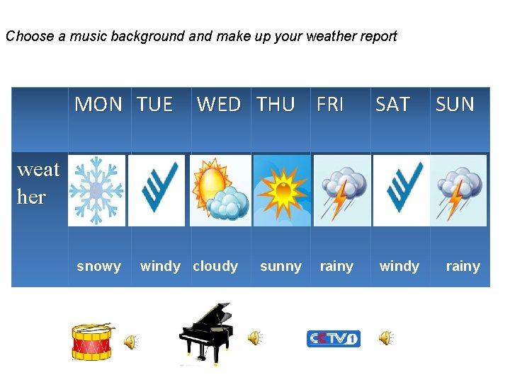 Choose a music background and make up your weather report MON TUE WED THU