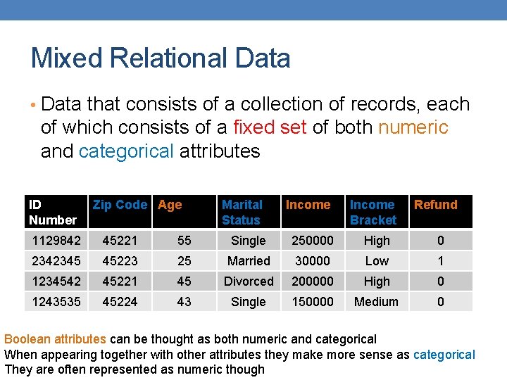 Mixed Relational Data • Data that consists of a collection of records, each of