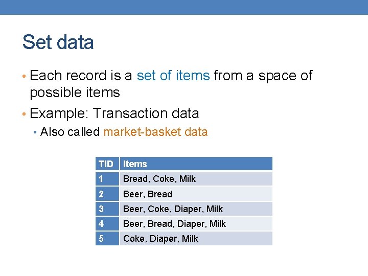 Set data • Each record is a set of items from a space of