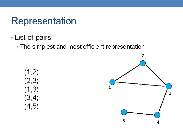 Representation • List of pairs • The simplest and most efficient representation 2 (1,