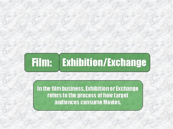 Film: Exhibition/Exchange In the film business, Exhibition or Exchange refers to the process of