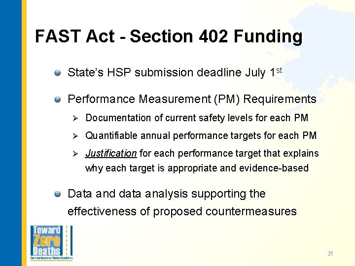 FAST Act - Section 402 Funding State’s HSP submission deadline July 1 st Performance