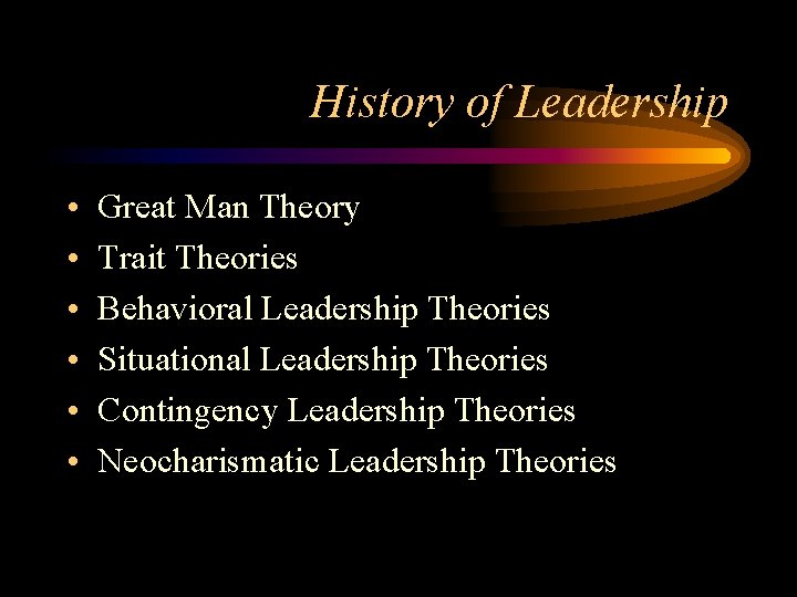 History of Leadership • • • Great Man Theory Trait Theories Behavioral Leadership Theories