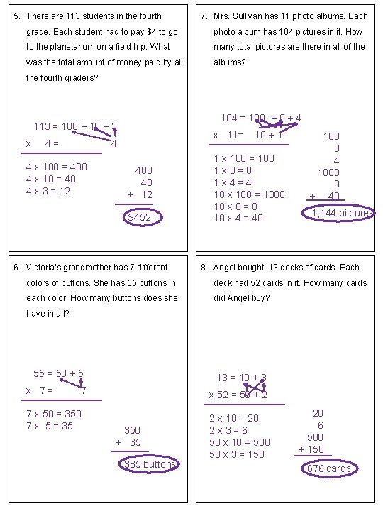 5. There are 113 students in the fourth 7. Mrs. Sullivan has 11 photo