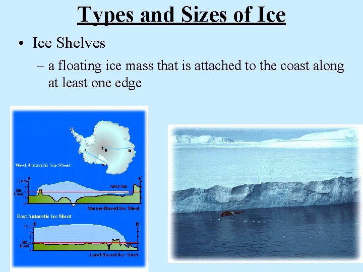 Types and Sizes of Ice • Ice Shelves – a floating ice mass that