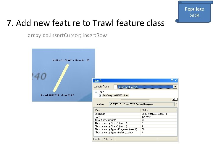 7. Add new feature to Trawl feature class arcpy. da. Insert. Cursor; insert. Row