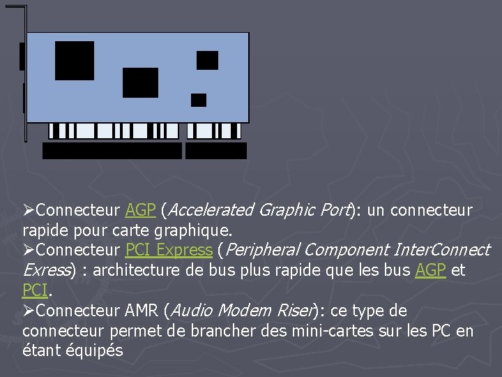 ØConnecteur AGP (Accelerated Graphic Port): un connecteur rapide pour carte graphique. ØConnecteur PCI Express