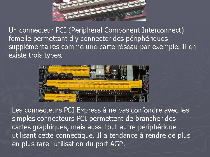 Un connecteur PCI (Peripheral Component Interconnect) femelle permettant d'y connecter des périphériques supplémentaires comme