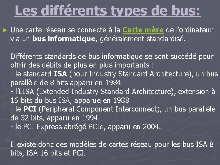 Les différents types de bus: ► Une carte réseau se connecte à la Carte