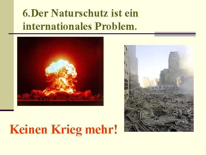 6. Der Naturschutz ist ein internationales Problem. Keinen Krieg mehr! 