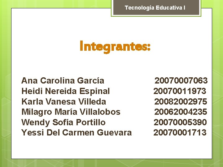 Tecnología Educativa I Integrantes: Ana Carolina García Heidi Nereida Espinal Karla Vanesa Villeda Milagro