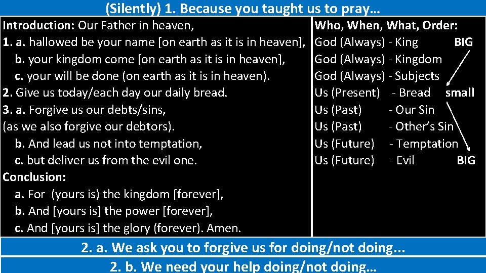 (Silently) 1. Because you taught us to pray… Introduction: Our Father in heaven, 1.