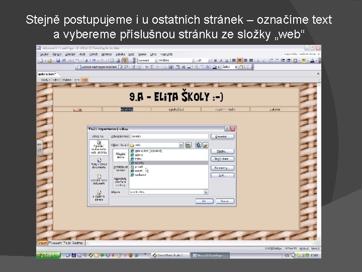Stejně postupujeme i u ostatních stránek – označíme text a vybereme příslušnou stránku ze