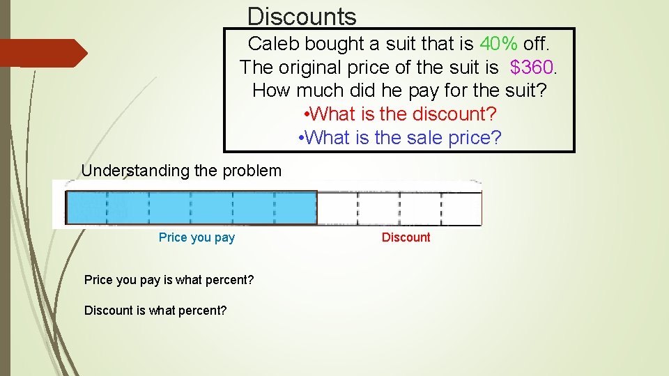 Discounts Caleb bought a suit that is 40% off. The original price of the