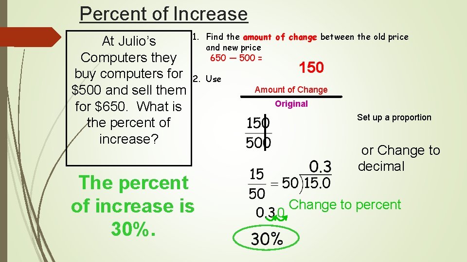 Percent of Increase At Julio’s Computers they buy computers for $500 and sell them
