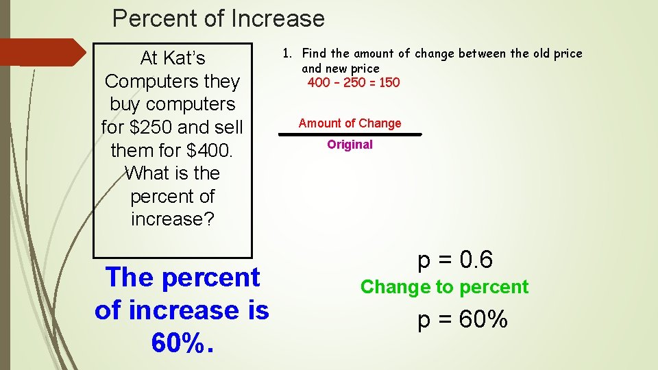 Percent of Increase At Kat’s Computers they buy computers for $250 and sell them