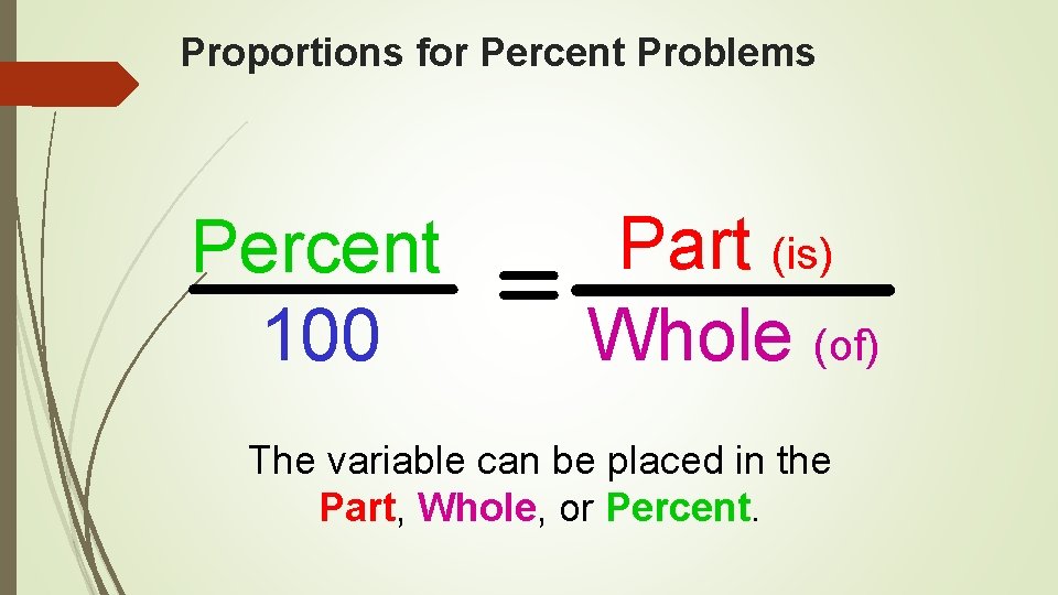 Proportions for Percent Problems Percent 100 Part (is) Whole (of) The variable can be