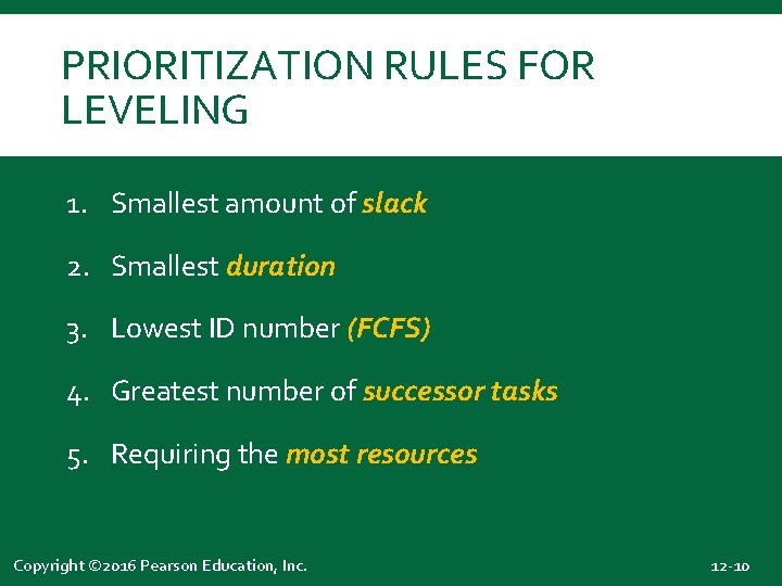 PRIORITIZATION RULES FOR LEVELING 1. Smallest amount of slack 2. Smallest duration 3. Lowest