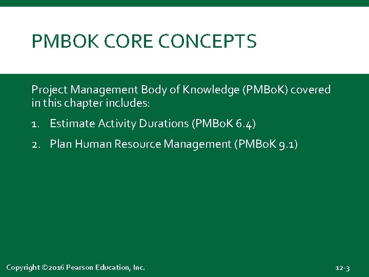 PMBOK CORE CONCEPTS Project Management Body of Knowledge (PMBo. K) covered in this chapter