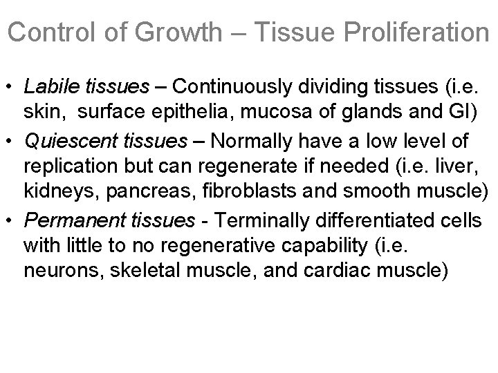 Control of Growth – Tissue Proliferation • Labile tissues – Continuously dividing tissues (i.