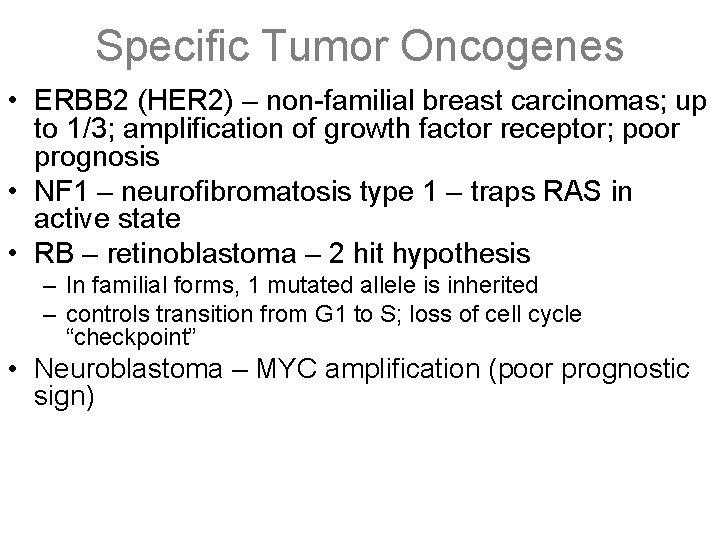 Specific Tumor Oncogenes • ERBB 2 (HER 2) – non-familial breast carcinomas; up to