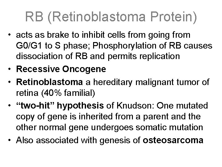 RB (Retinoblastoma Protein) • acts as brake to inhibit cells from going from G