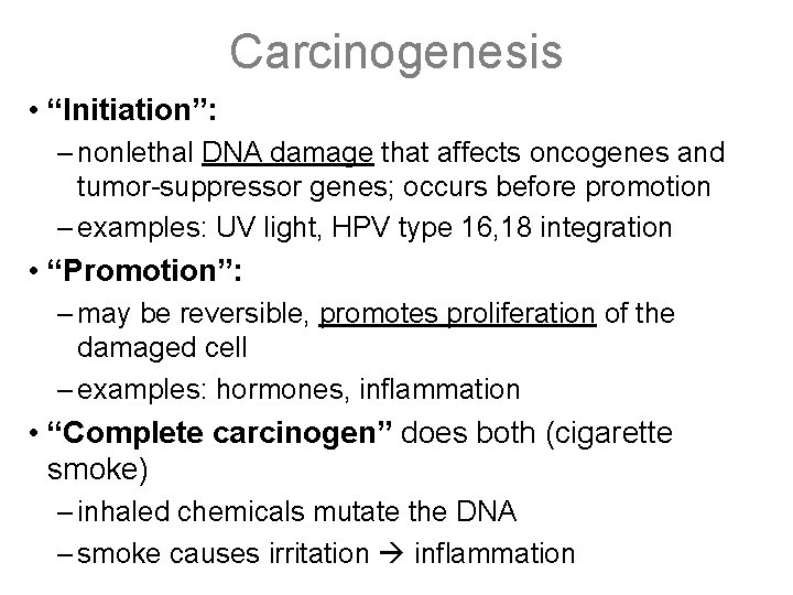 Carcinogenesis • “Initiation”: – nonlethal DNA damage that affects oncogenes and tumor-suppressor genes; occurs