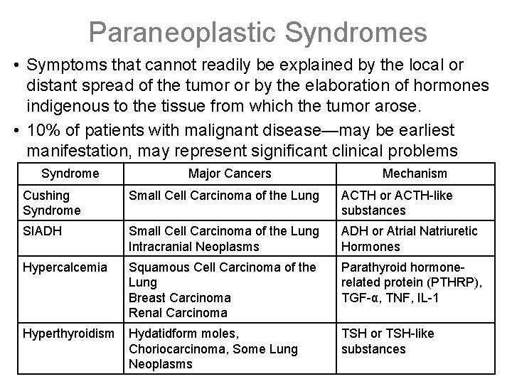 Paraneoplastic Syndromes • Symptoms that cannot readily be explained by the local or distant