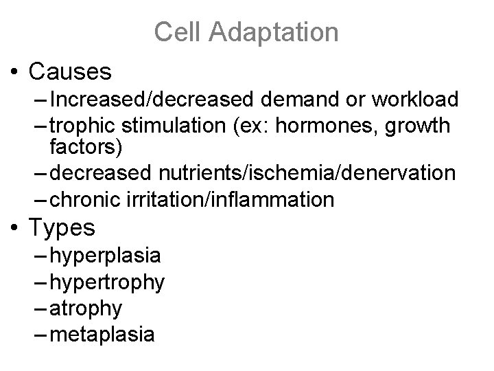 Cell Adaptation • Causes – Increased/decreased demand or workload – trophic stimulation (ex: hormones,