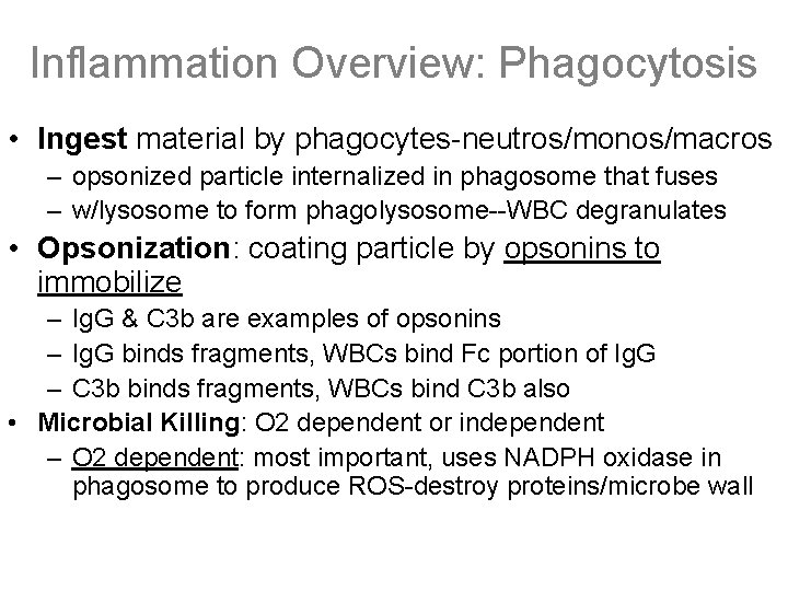 Inflammation Overview: Phagocytosis • Ingest material by phagocytes-neutros/monos/macros – opsonized particle internalized in phagosome