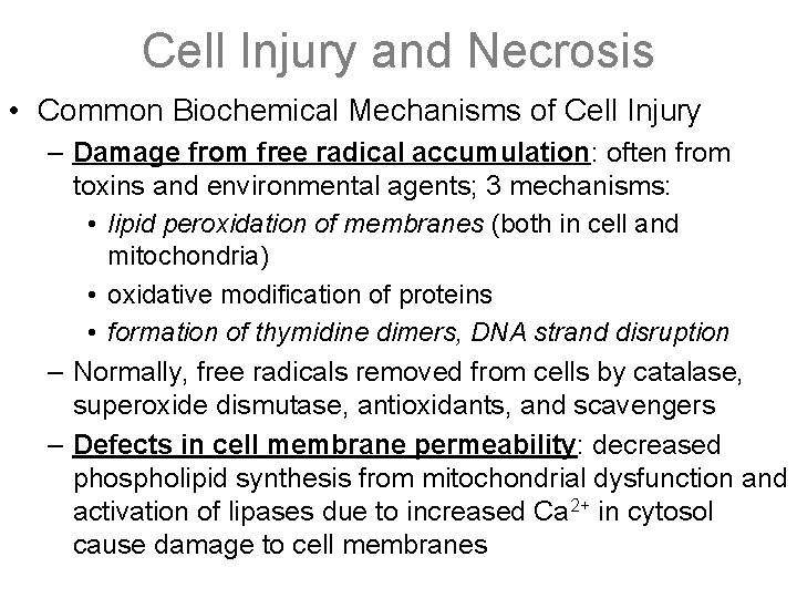 Cell Injury and Necrosis • Common Biochemical Mechanisms of Cell Injury – Damage from