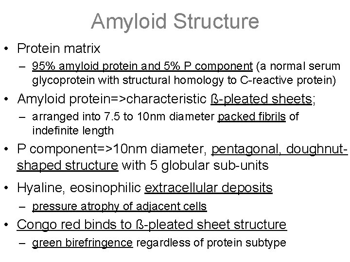 Amyloid Structure • Protein matrix – 95% amyloid protein and 5% P component (a
