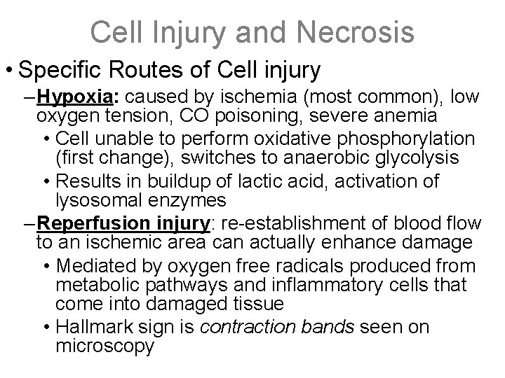 Cell Injury and Necrosis • Specific Routes of Cell injury – Hypoxia: caused by